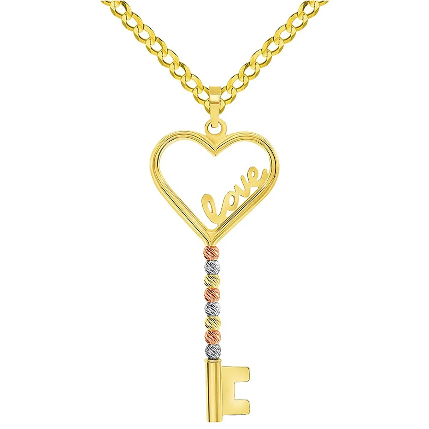 14k Tri-Color Gold Love Written Open Heart Beaded Key Pendant with Cable, Curb or Figaro Chain Necklace