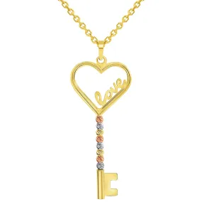 14k Tri-Color Gold Love Written Open Heart Beaded Key Pendant with Cable, Curb or Figaro Chain Necklace