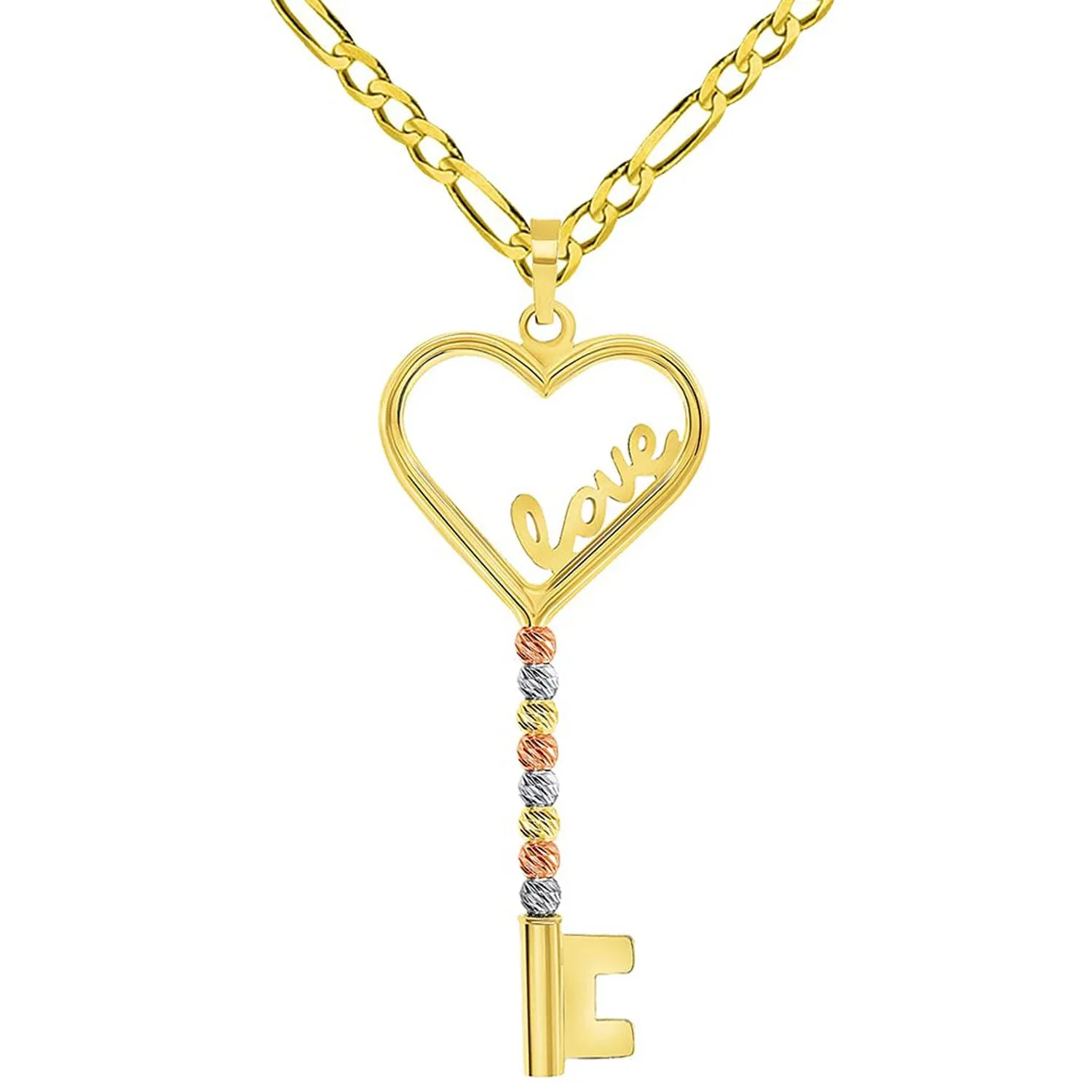 14k Tri-Color Gold Love Written Open Heart Beaded Key Pendant with Cable, Curb or Figaro Chain Necklace