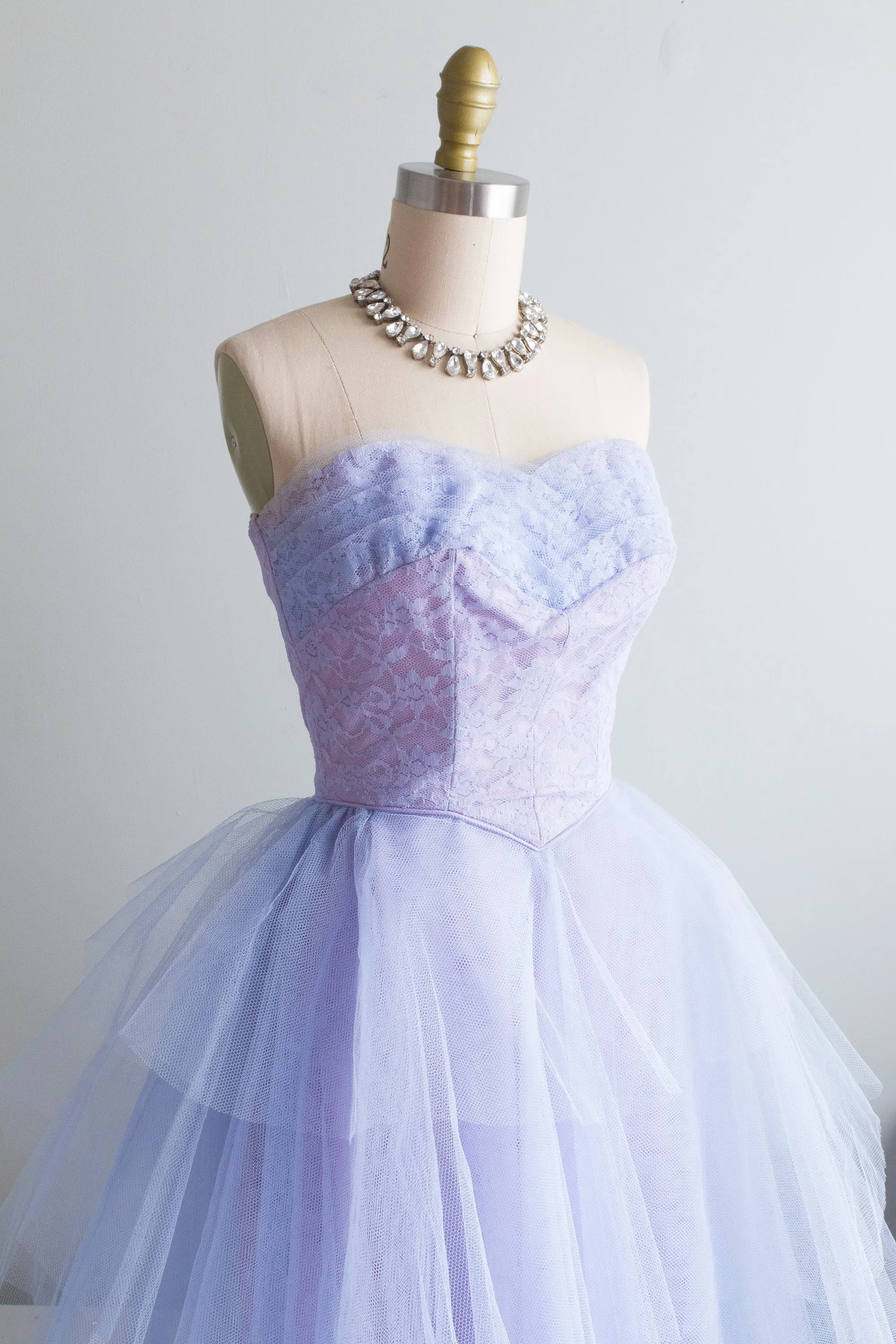 1950's Enchanted Blue Violet Strapless Tiered Prom Gown / XXS