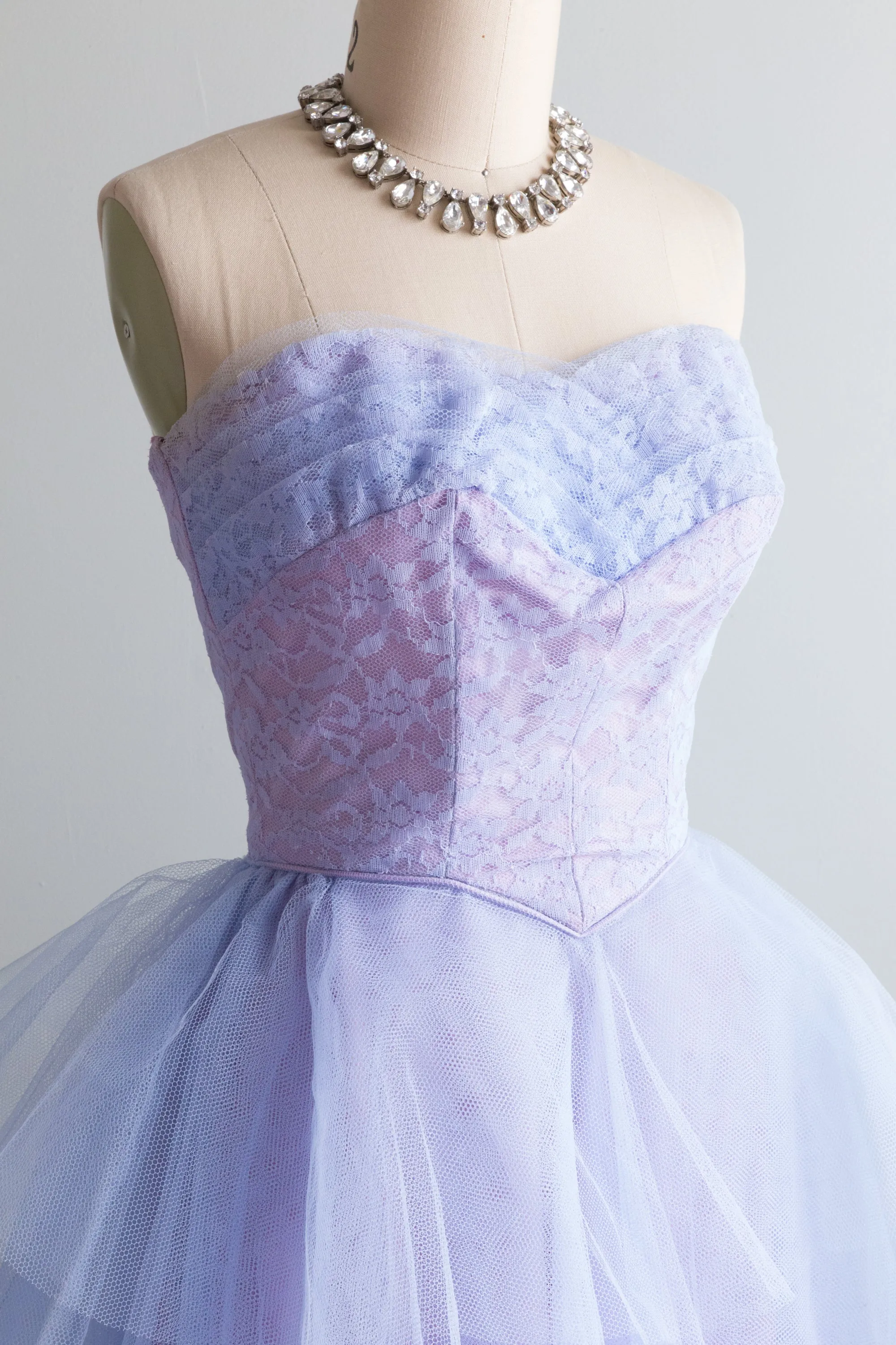 1950's Enchanted Blue Violet Strapless Tiered Prom Gown / XXS