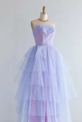 1950's Enchanted Blue Violet Strapless Tiered Prom Gown / XXS