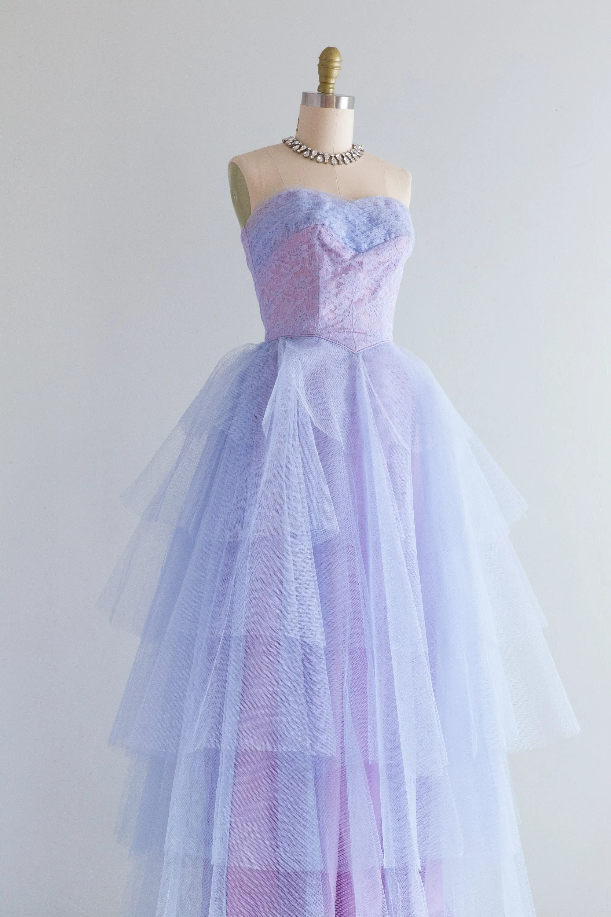 1950's Enchanted Blue Violet Strapless Tiered Prom Gown / XXS