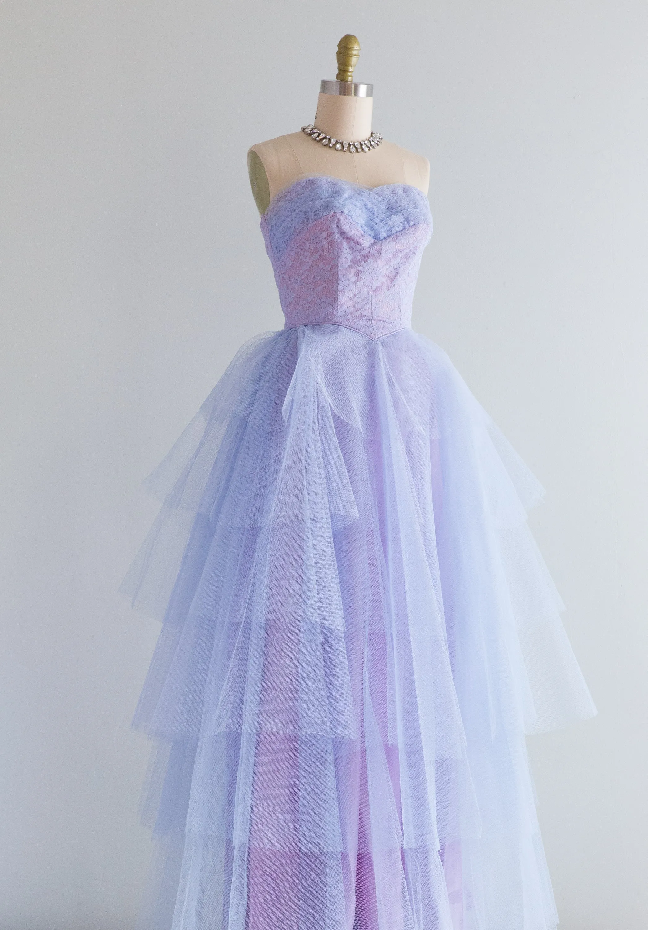 1950's Enchanted Blue Violet Strapless Tiered Prom Gown / XXS