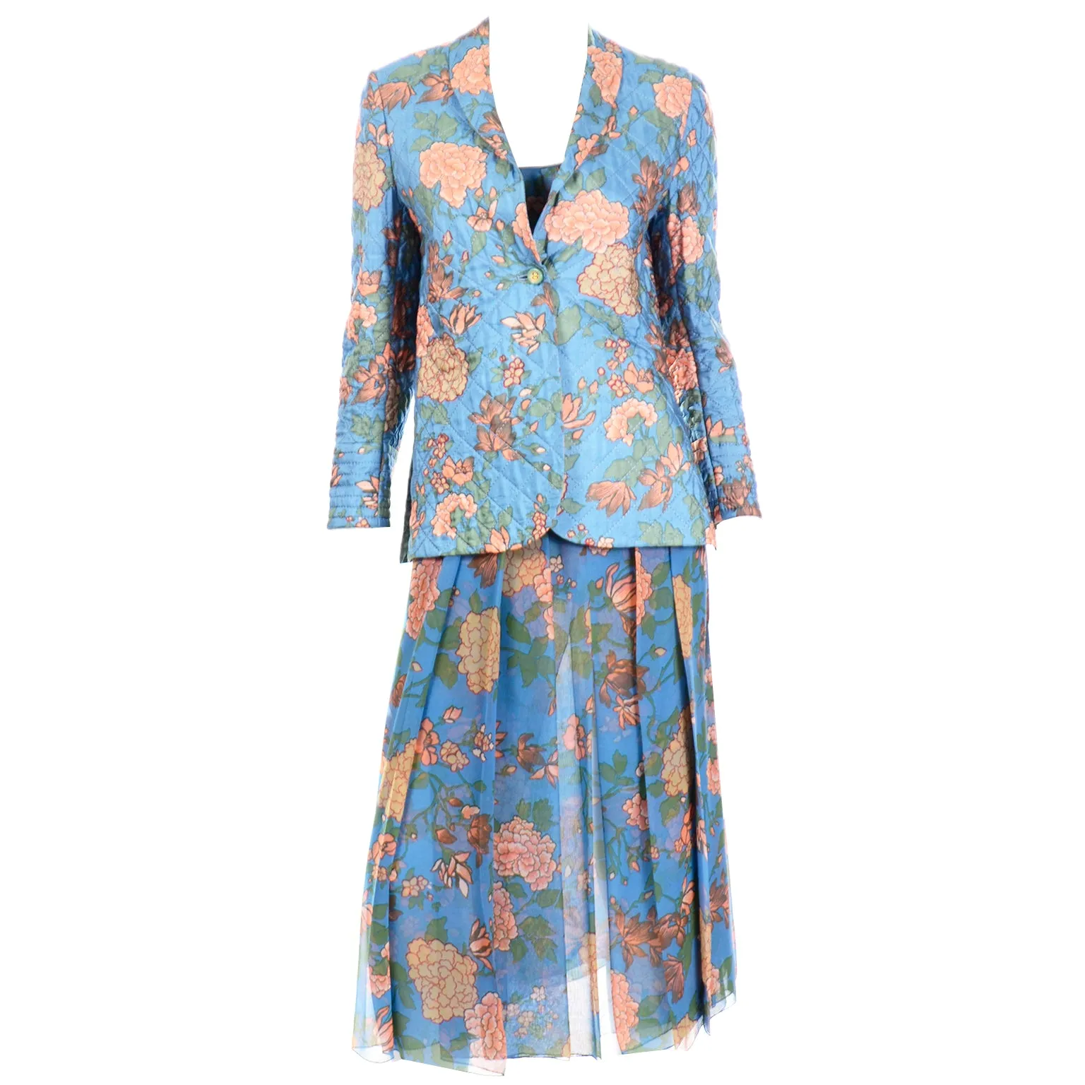 1970s Galanos Numbered Blue Floral Silk Chiffon 2pc Dress & Quilted jacket