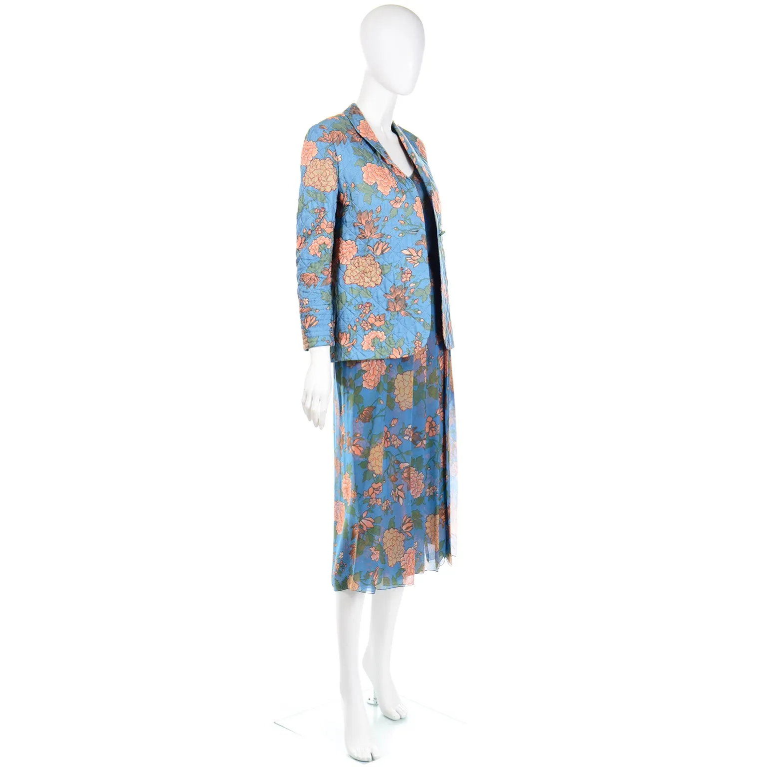 1970s Galanos Numbered Blue Floral Silk Chiffon 2pc Dress & Quilted jacket