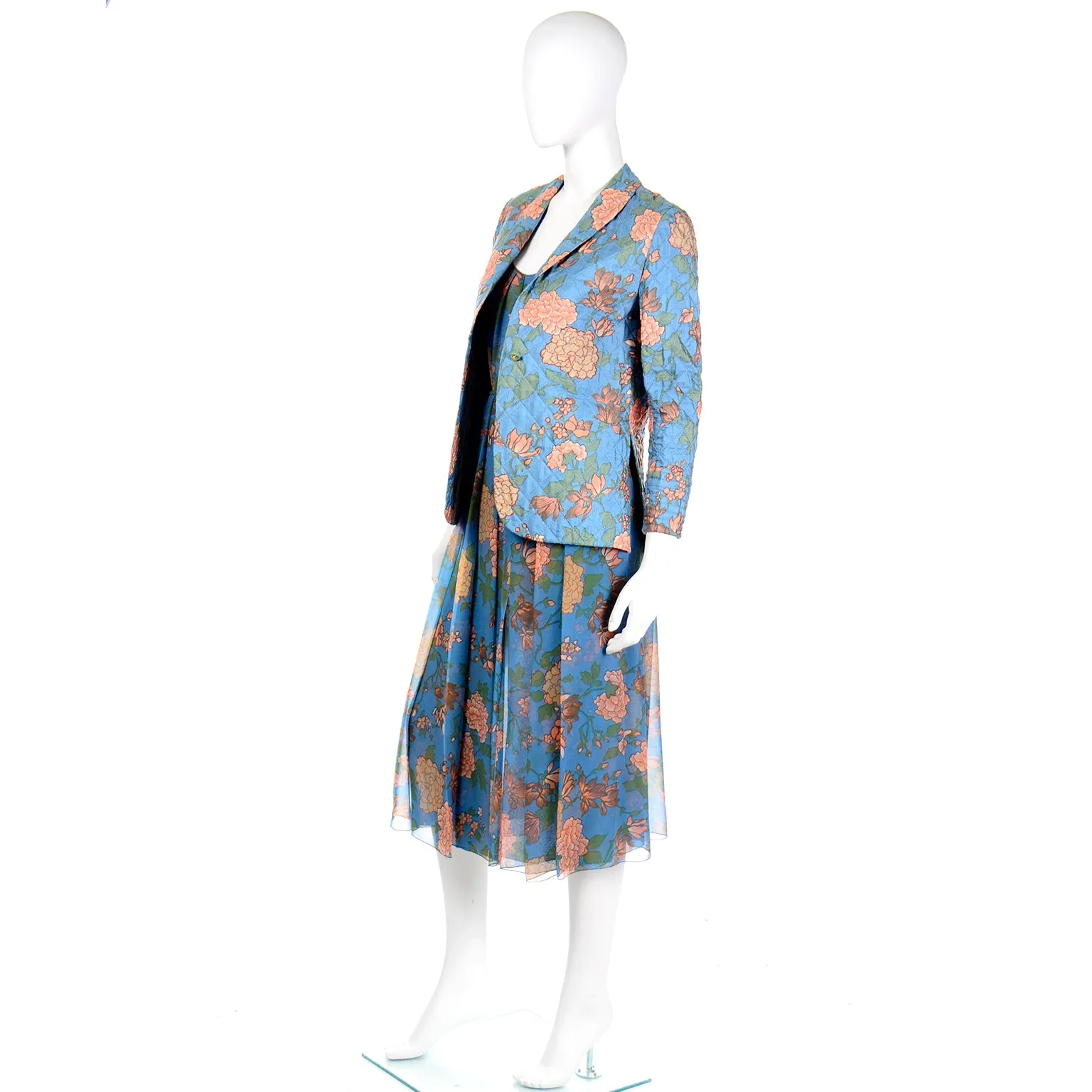 1970s Galanos Numbered Blue Floral Silk Chiffon 2pc Dress & Quilted jacket