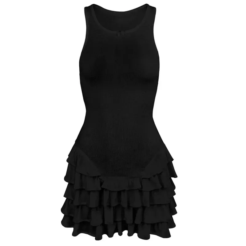 Absobe Bow Frill Layer Cake Tank Mini Dress Women U-Neck Patchwork Ruffles Slim Wrap Hip Short Dress Hottie Summer Beachwear