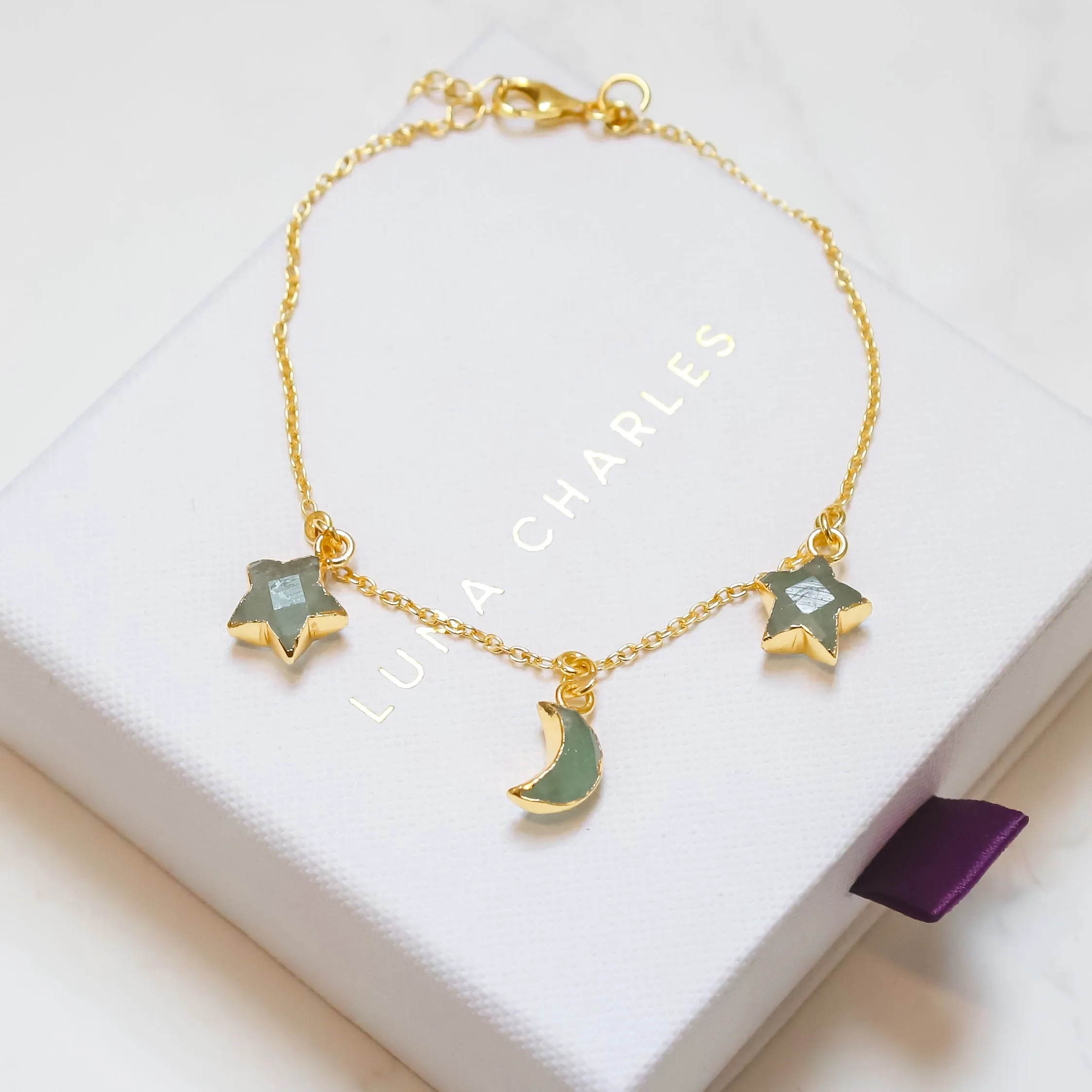 Amelia Aventurine Star & Moon Charm Bracelet | 18k Gold Plated