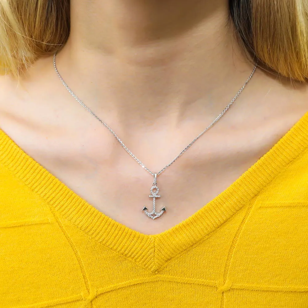 Anchor CZ Pendant Necklace in Sterling Silver