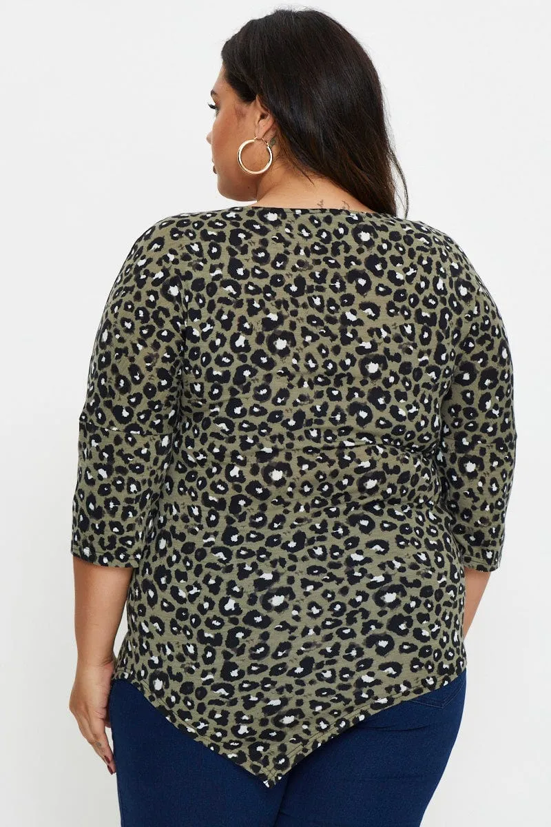 Animal Print Asymmetric Top Crew Neck