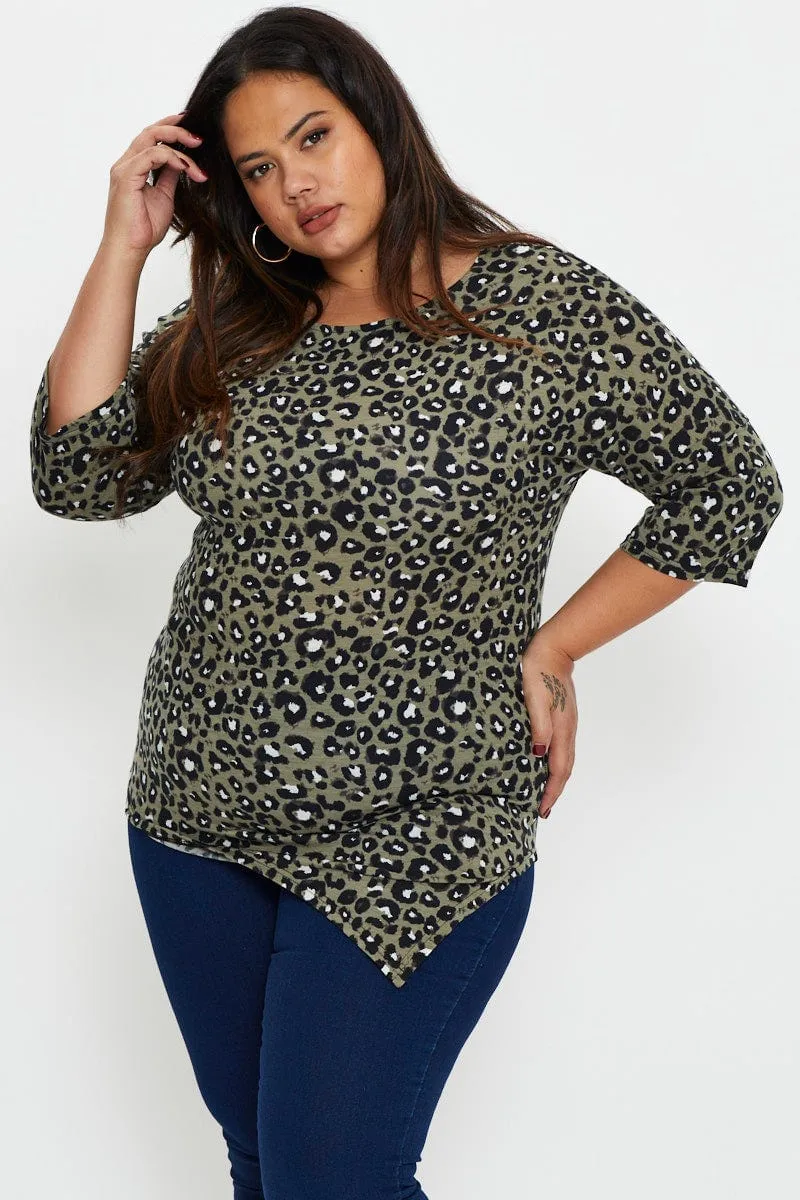 Animal Print Asymmetric Top Crew Neck