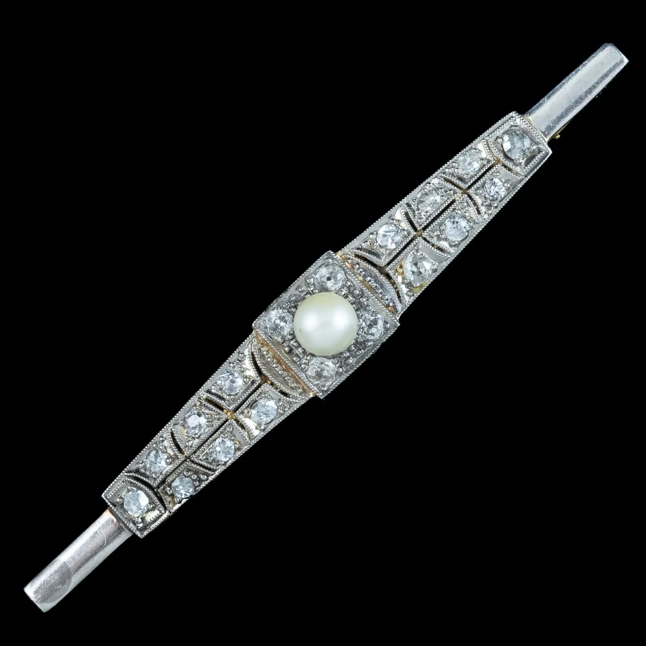 Antique Art Deco Diamond Pearl Bar Brooch 18ct Gold 1ct Of Diamond