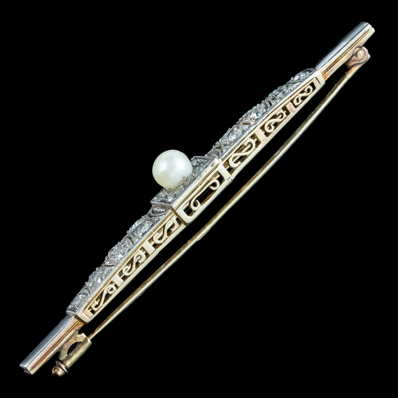 Antique Art Deco Diamond Pearl Bar Brooch 18ct Gold 1ct Of Diamond