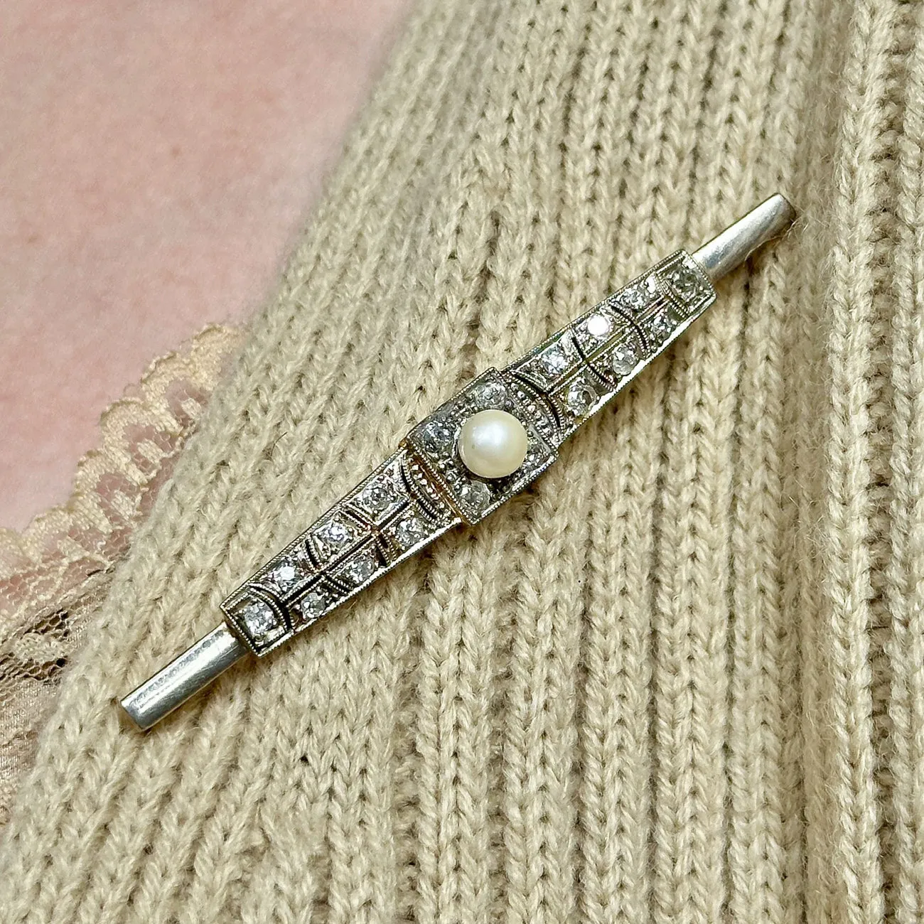 Antique Art Deco Diamond Pearl Bar Brooch 18ct Gold 1ct Of Diamond