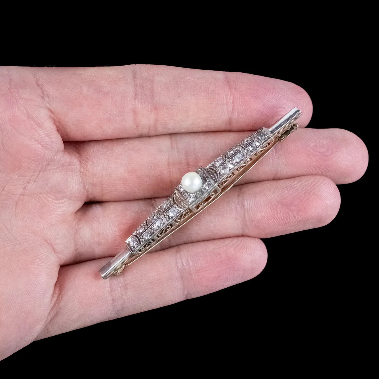 Antique Art Deco Diamond Pearl Bar Brooch 18ct Gold 1ct Of Diamond