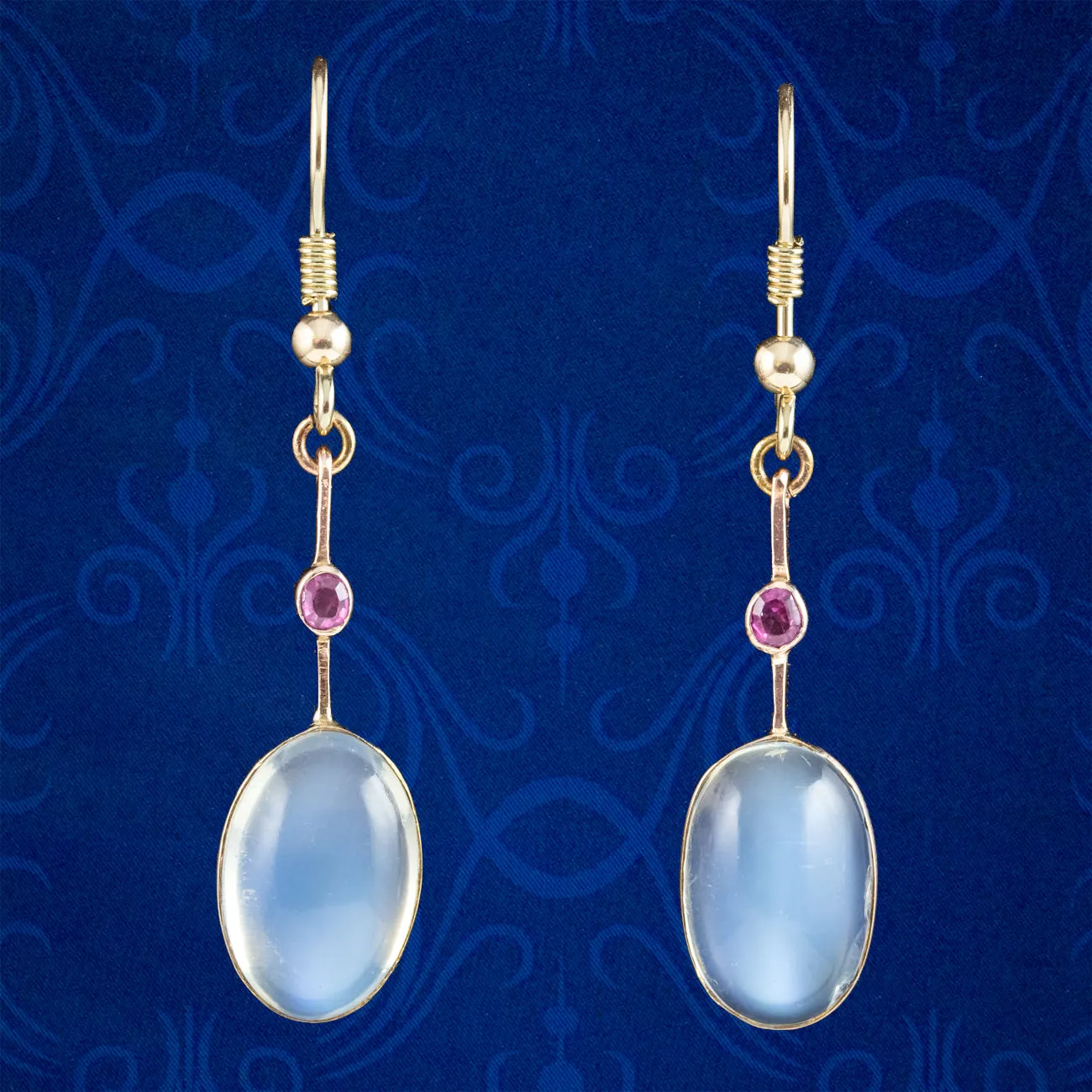 Antique Edwardian Moonstone Ruby Drop Earrings 15ct Gold