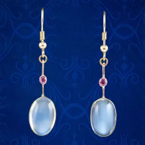 Antique Edwardian Moonstone Ruby Drop Earrings 15ct Gold