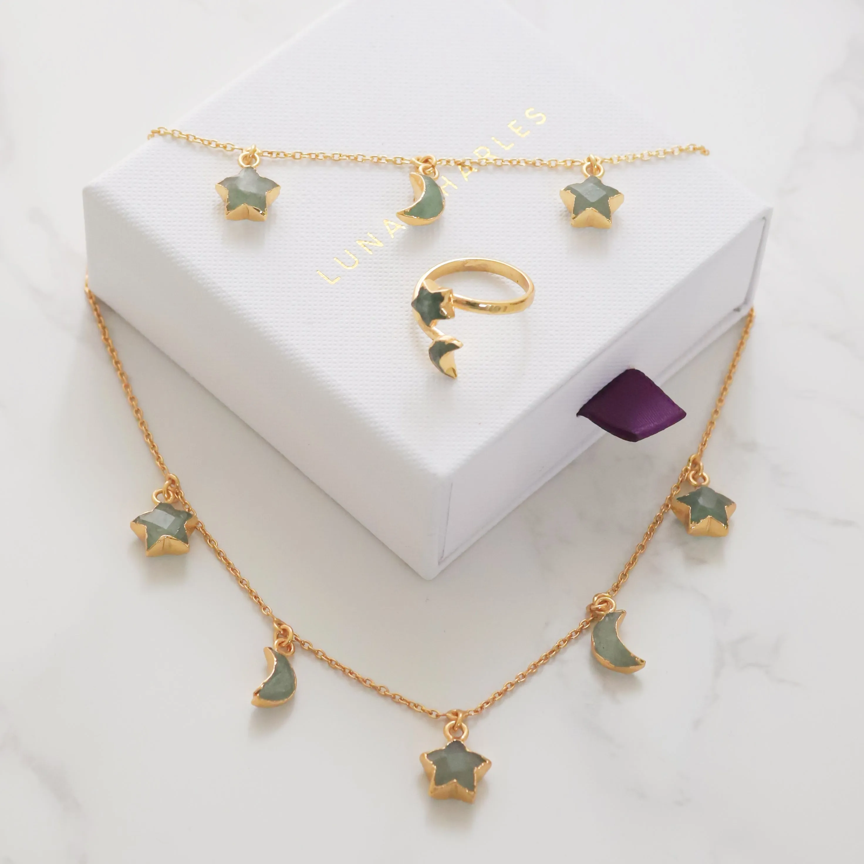 Aventurine Star & Moon Gift Set | 18K Gold Plated