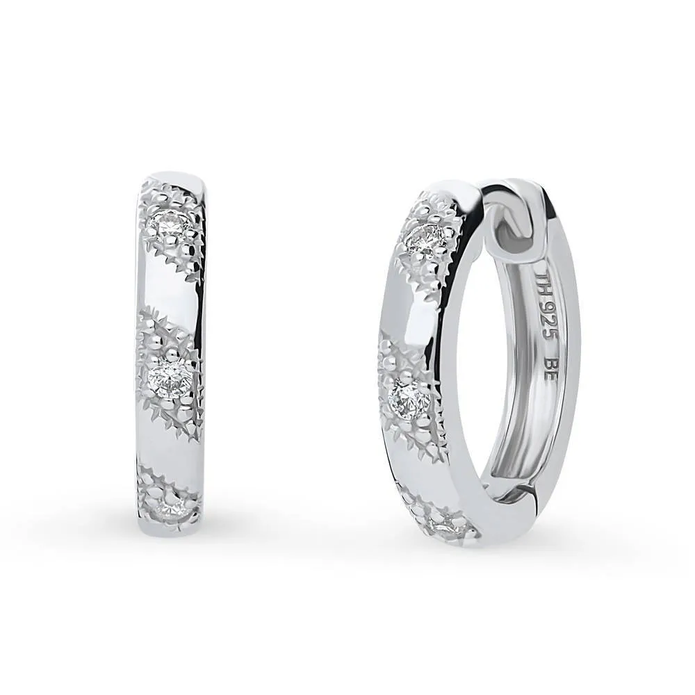 Bead CZ Medium Hoop Earrings in Sterling Silver 0.6