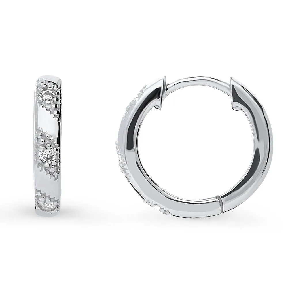 Bead CZ Medium Hoop Earrings in Sterling Silver 0.6