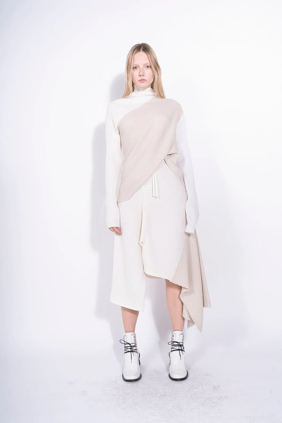 BEIGE PATCHWORK DRAPED JUMPER IN MERINO KNIT