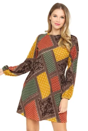 Bishop Sleeve Multi Patch Pattern Mini Dress