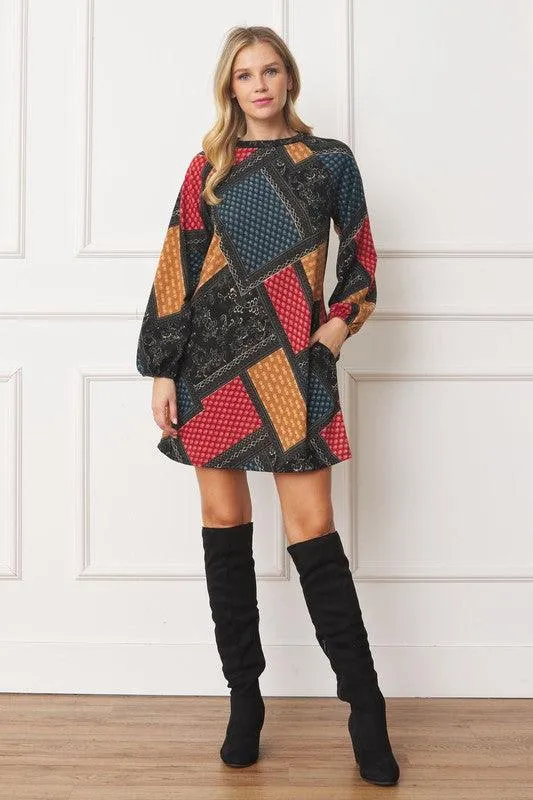 Bishop Sleeve Multi Patch Pattern Mini Dress