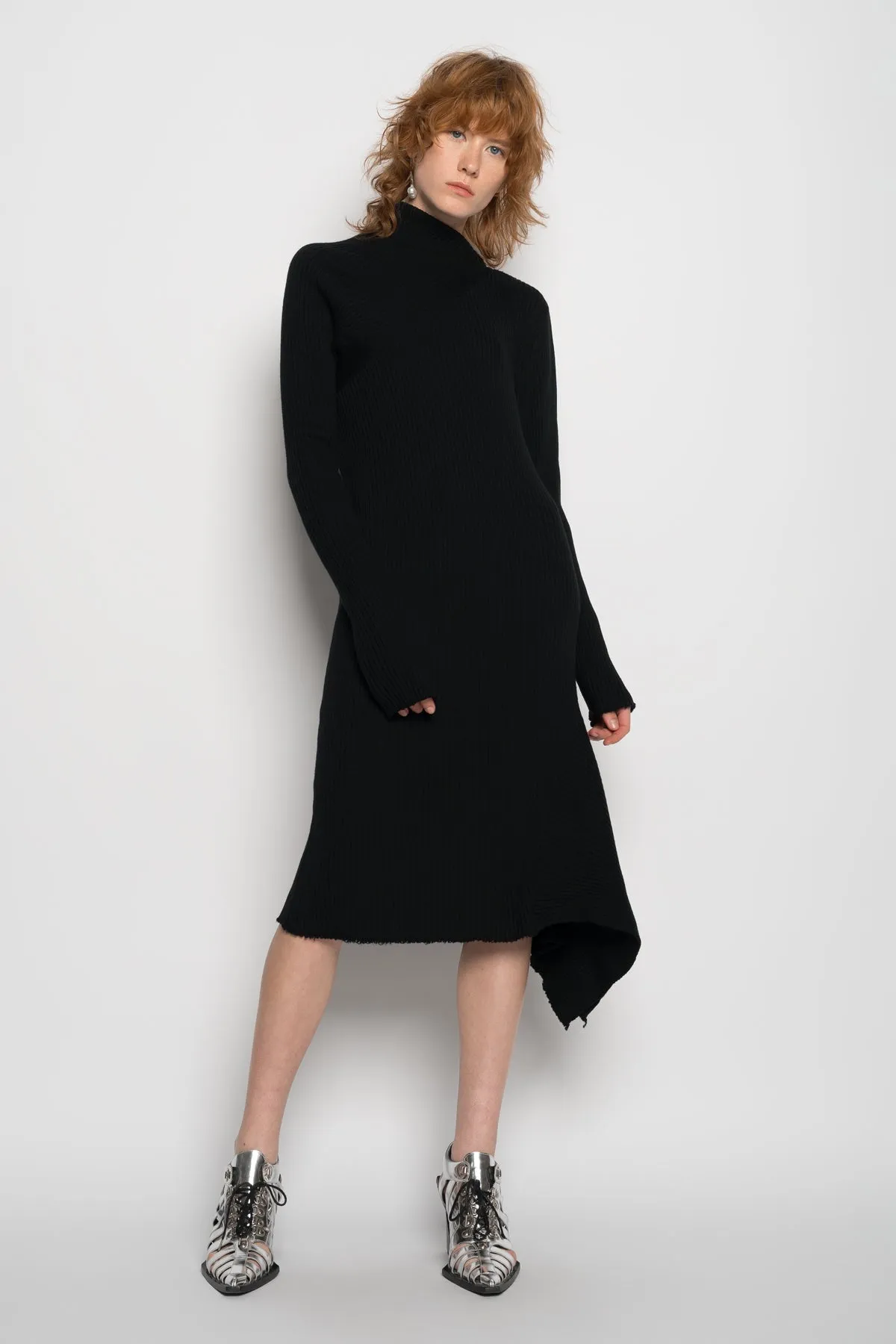 BLACK DRAPED NECK DRESS