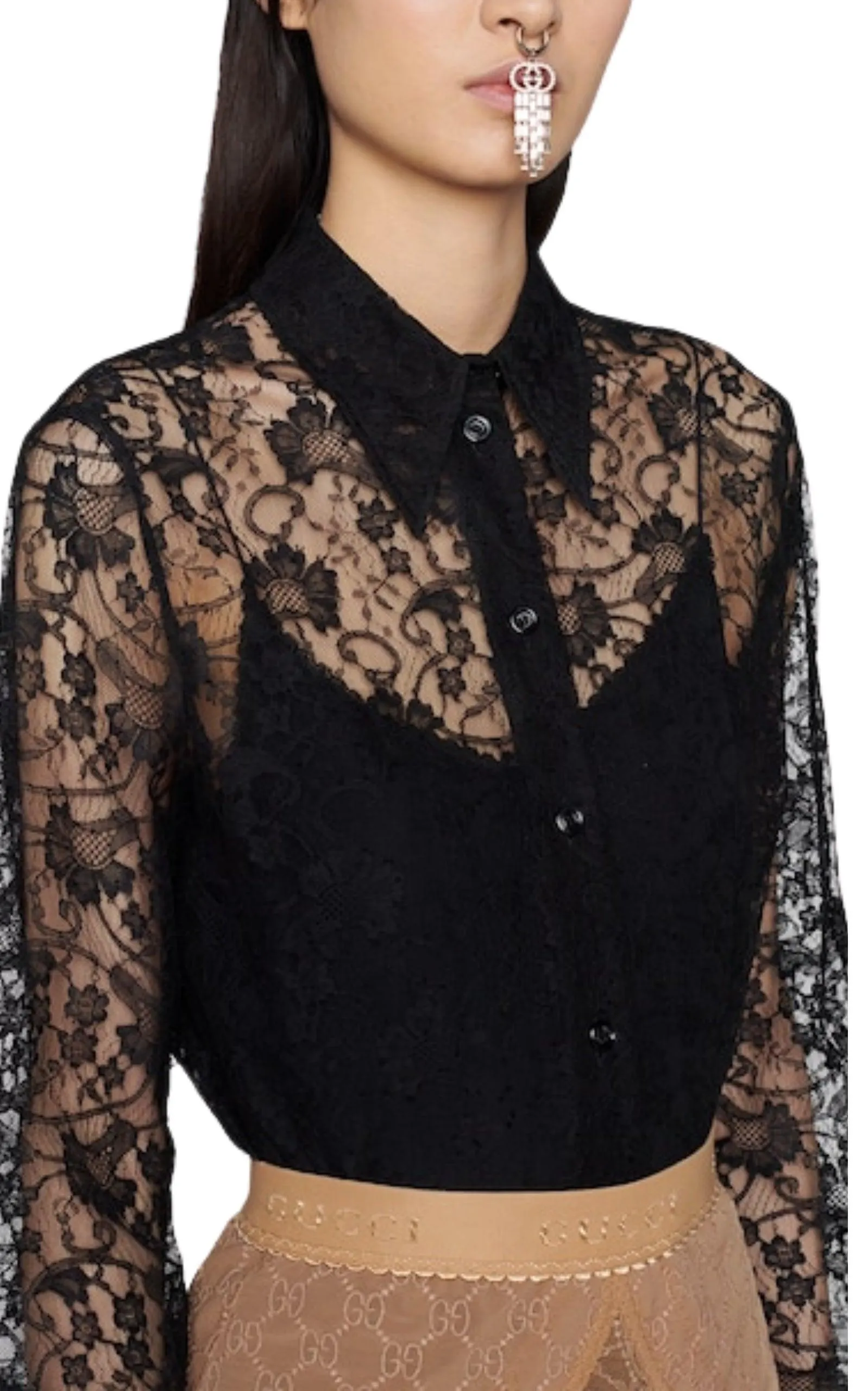 Black Lace  Floral Motif Shirt