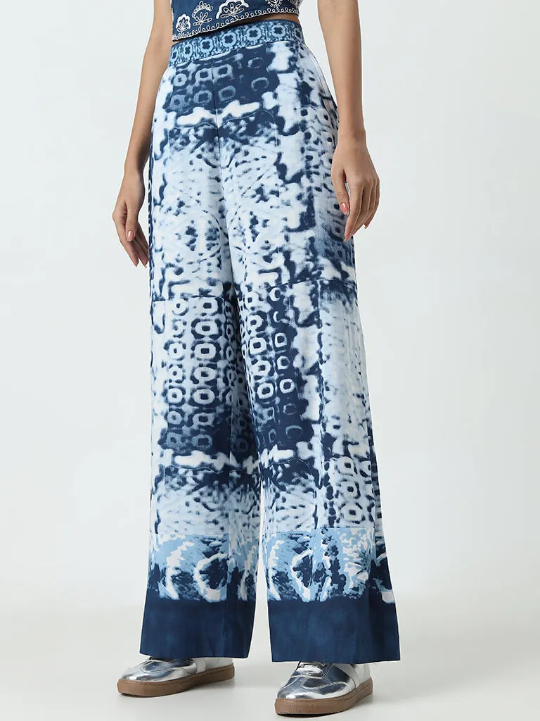 Bombay Paisley Navy Blue Blotch Design High-Rise Palazzos