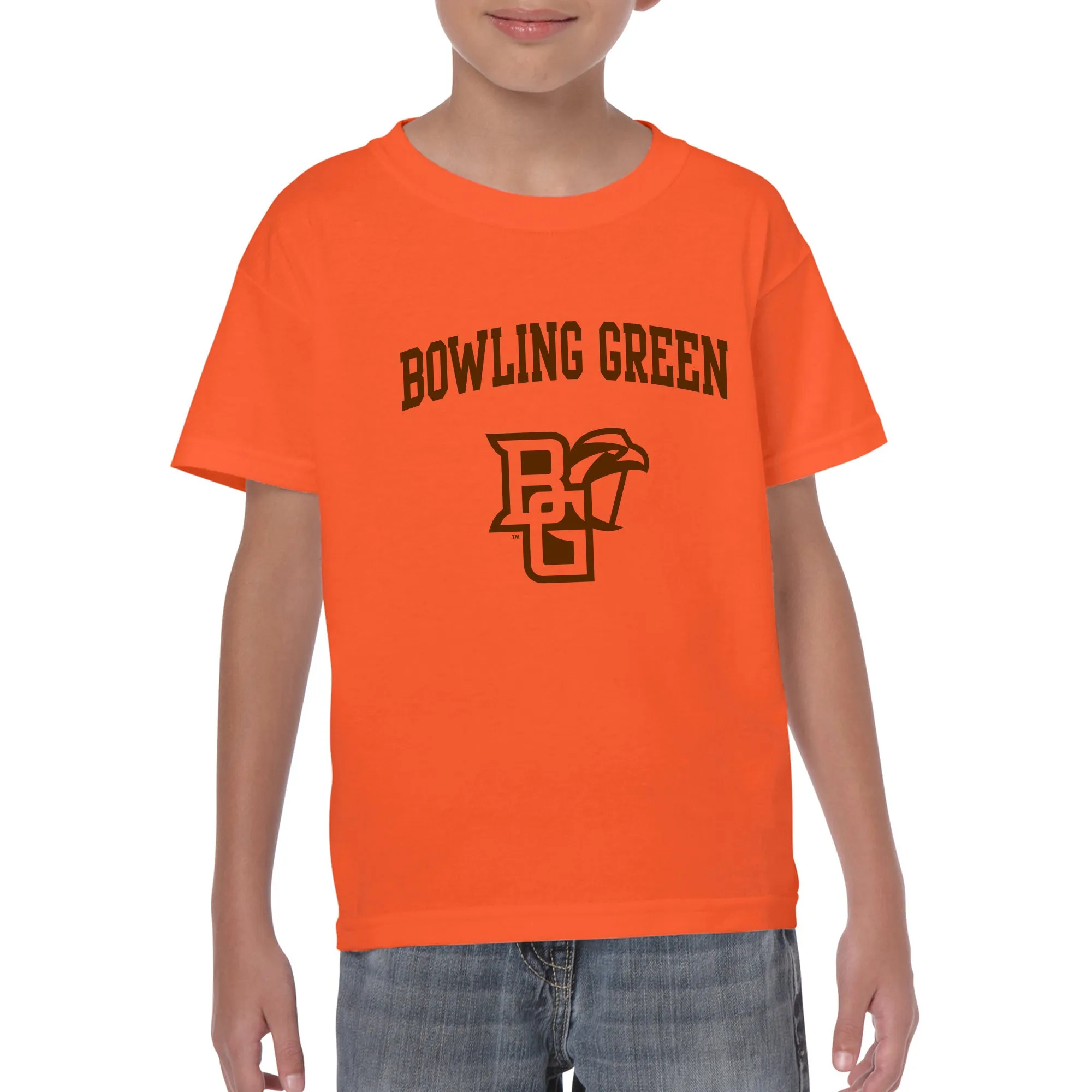 Bowling Green State University Falcons Arch Logo Youth Cotton Short Sleeve T Shirt - Orange