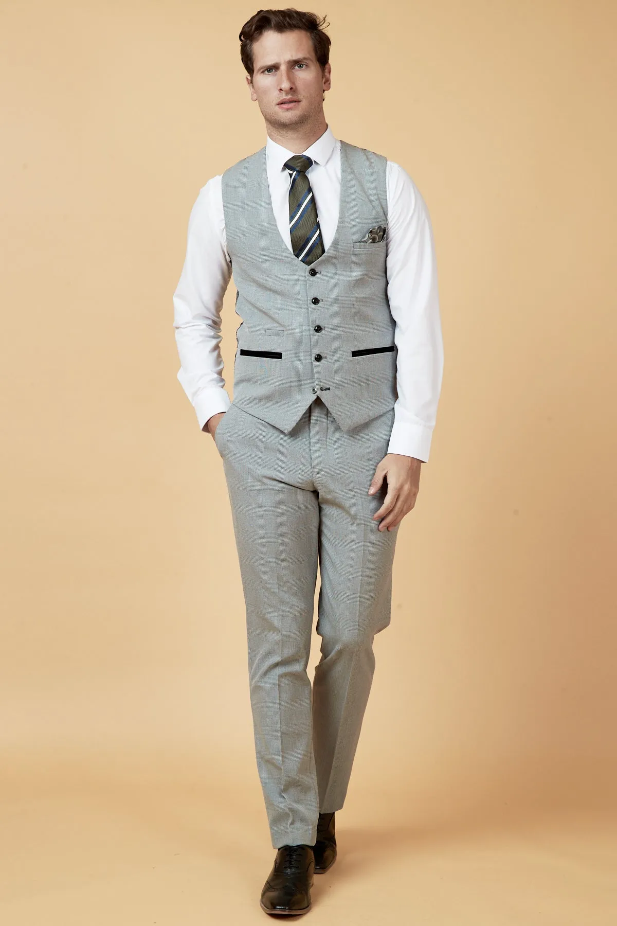 BROMLEY - Silver Grey Single Breasted Check Waistcoat