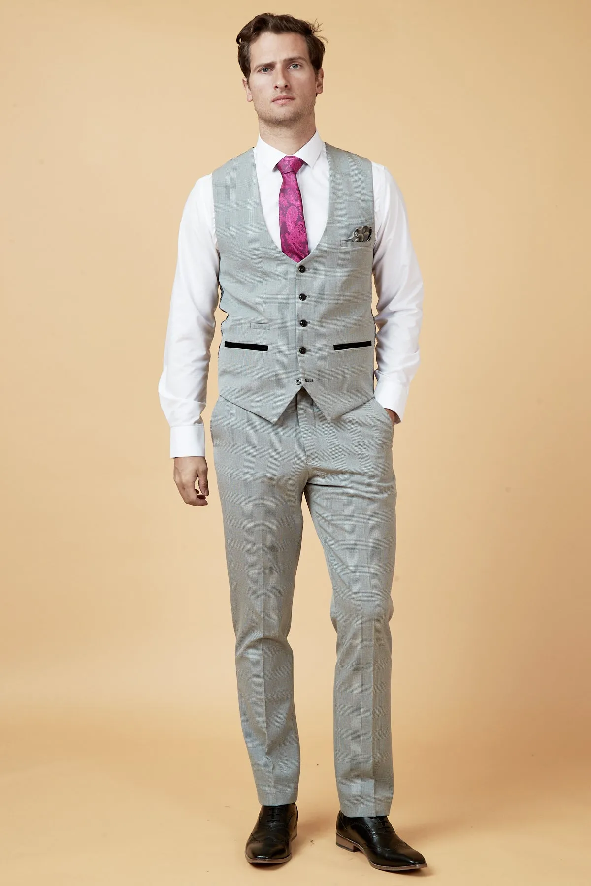 BROMLEY - Silver Grey Single Breasted Check Waistcoat