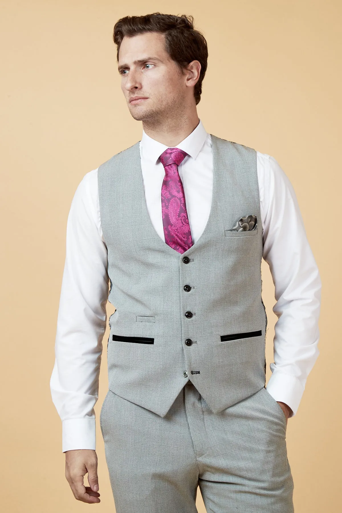 BROMLEY - Silver Grey Single Breasted Check Waistcoat