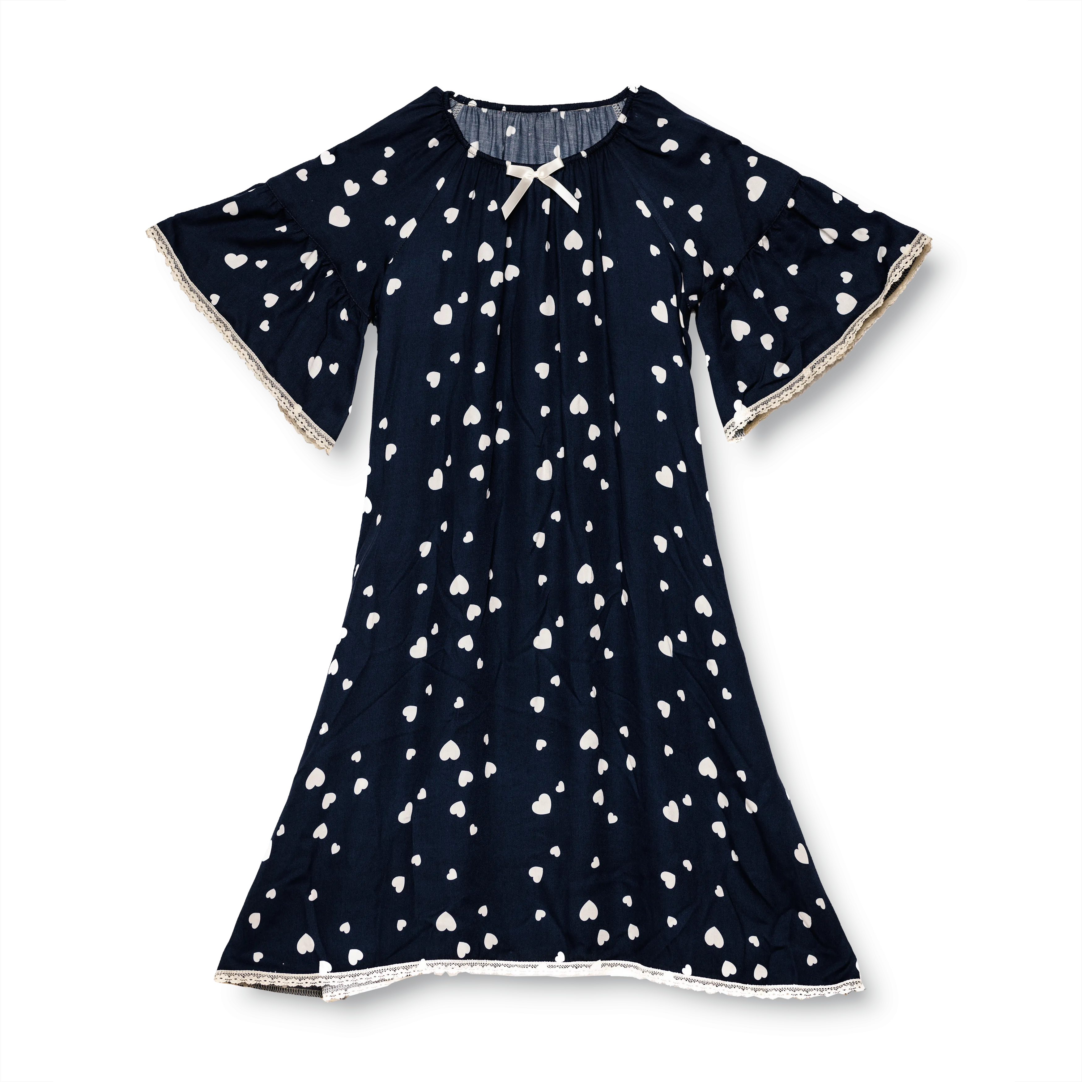 CAMELIA - GIRLS VISCOSE NIGHTDRESS NAVY WITH WHITE HEARTS