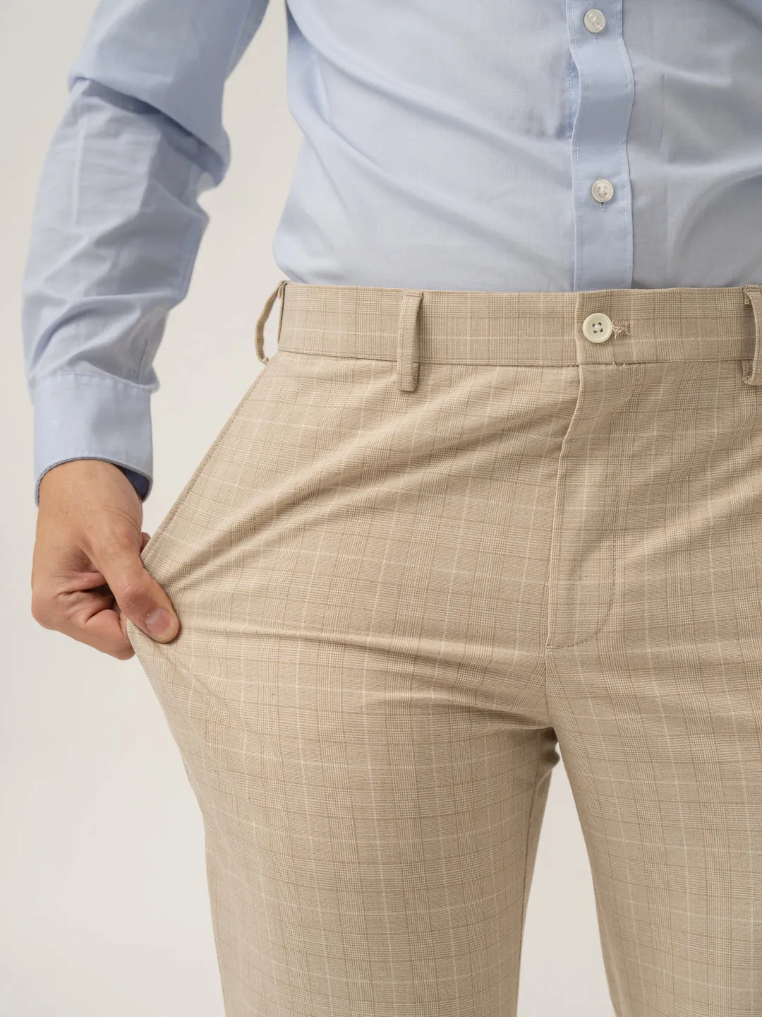 Canvas Beige Checks Formal Pants