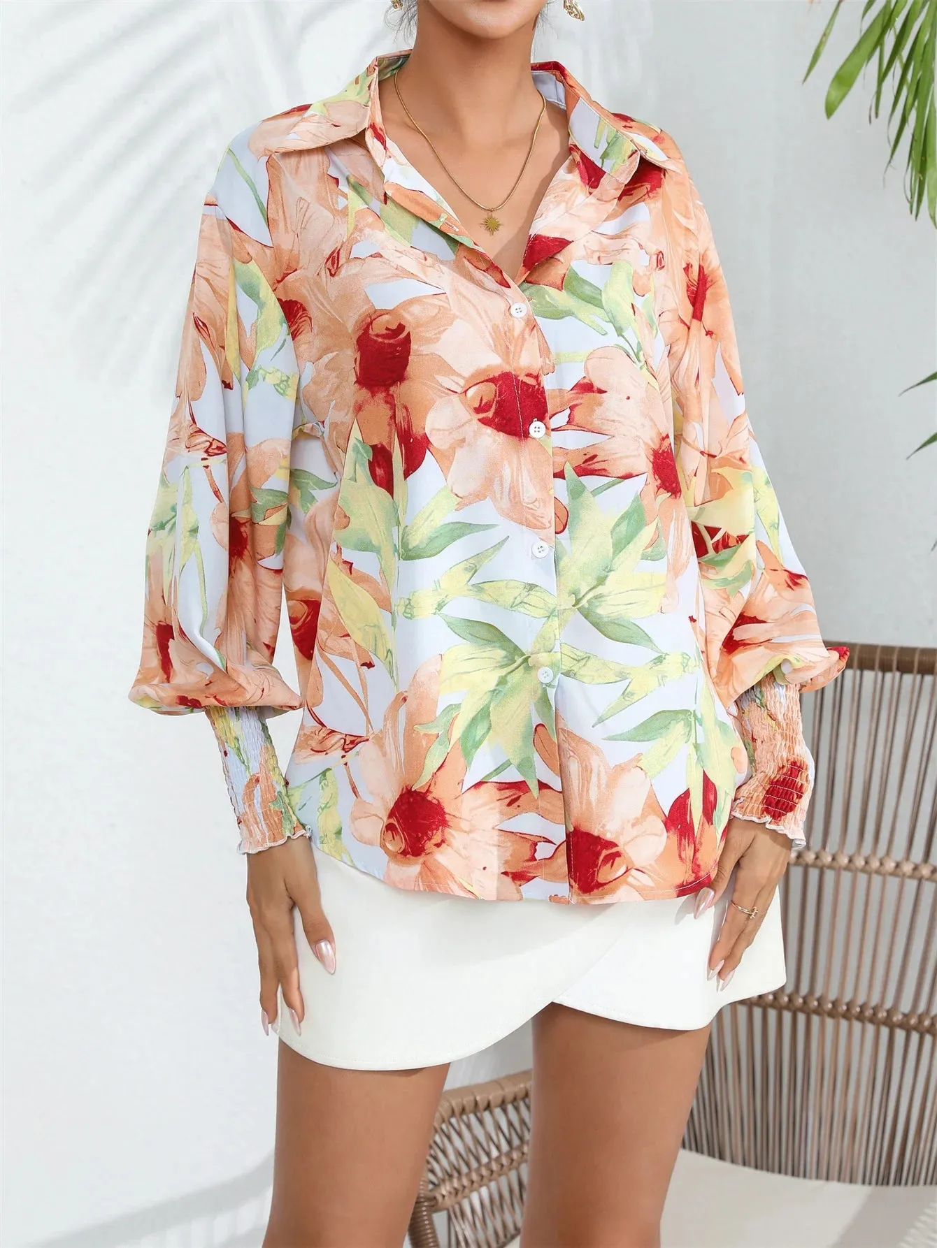 Casual Shirred Lantern Sleeve Floral Print Button Front Blouse