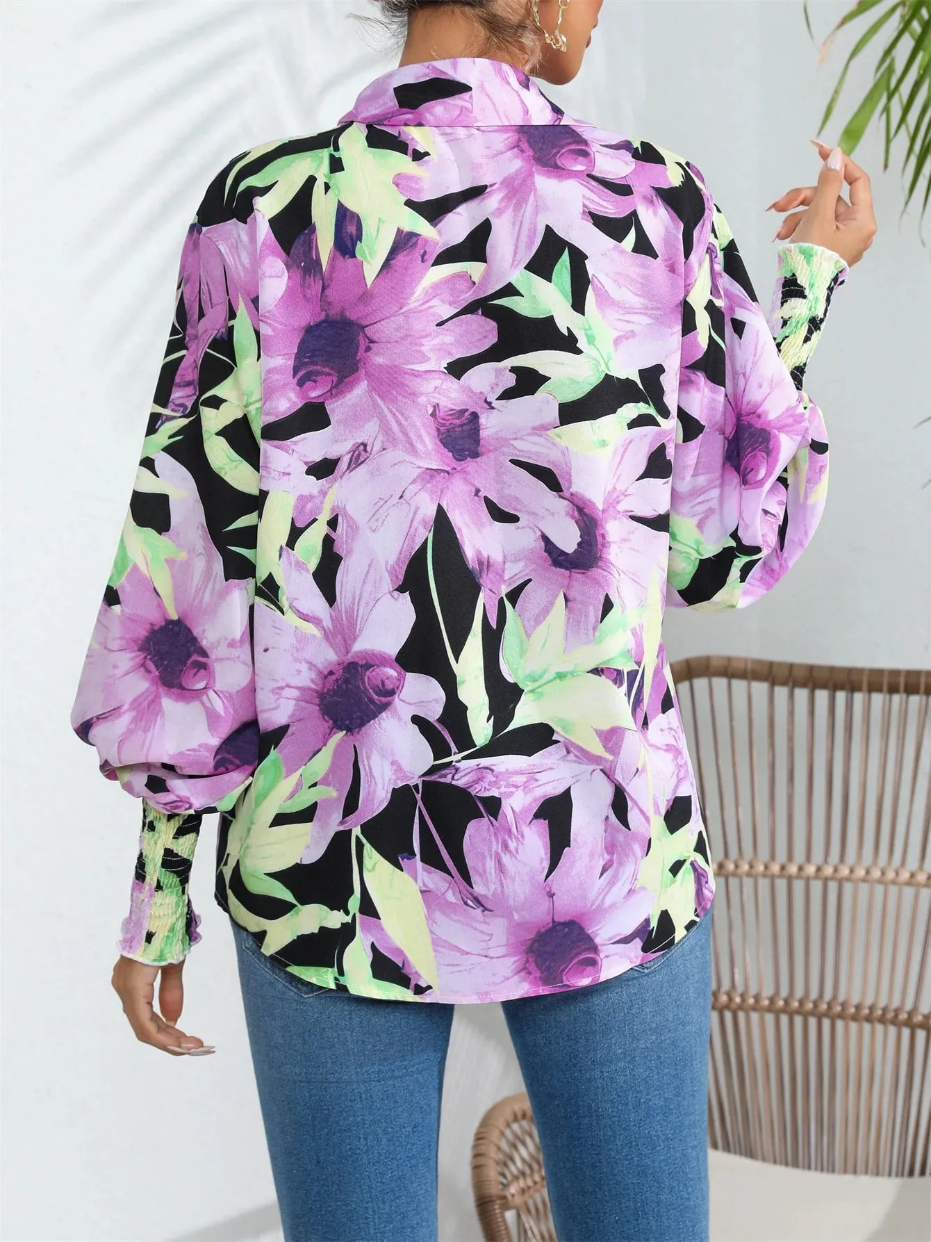 Casual Shirred Lantern Sleeve Floral Print Button Front Blouse