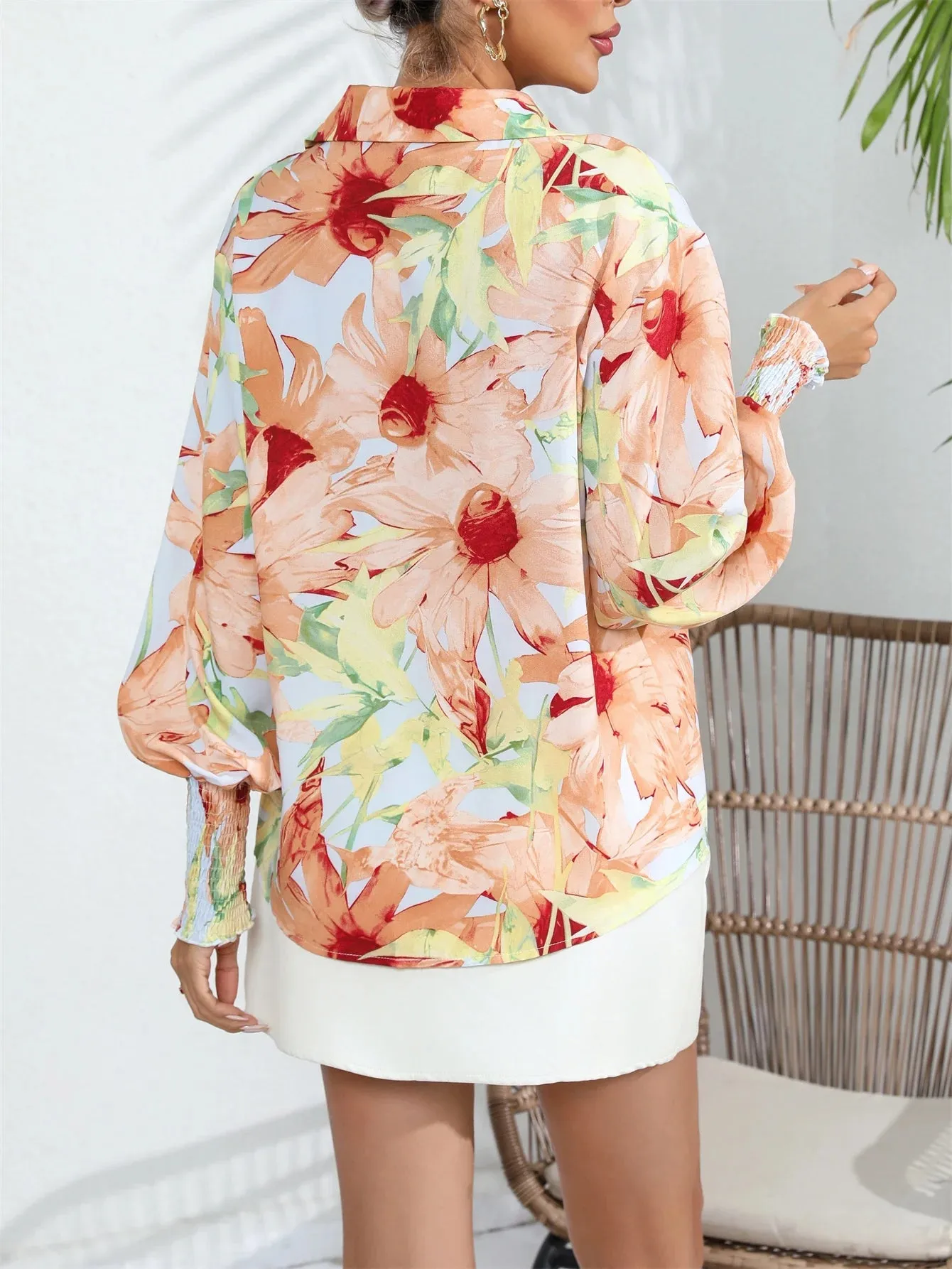 Casual Shirred Lantern Sleeve Floral Print Button Front Blouse