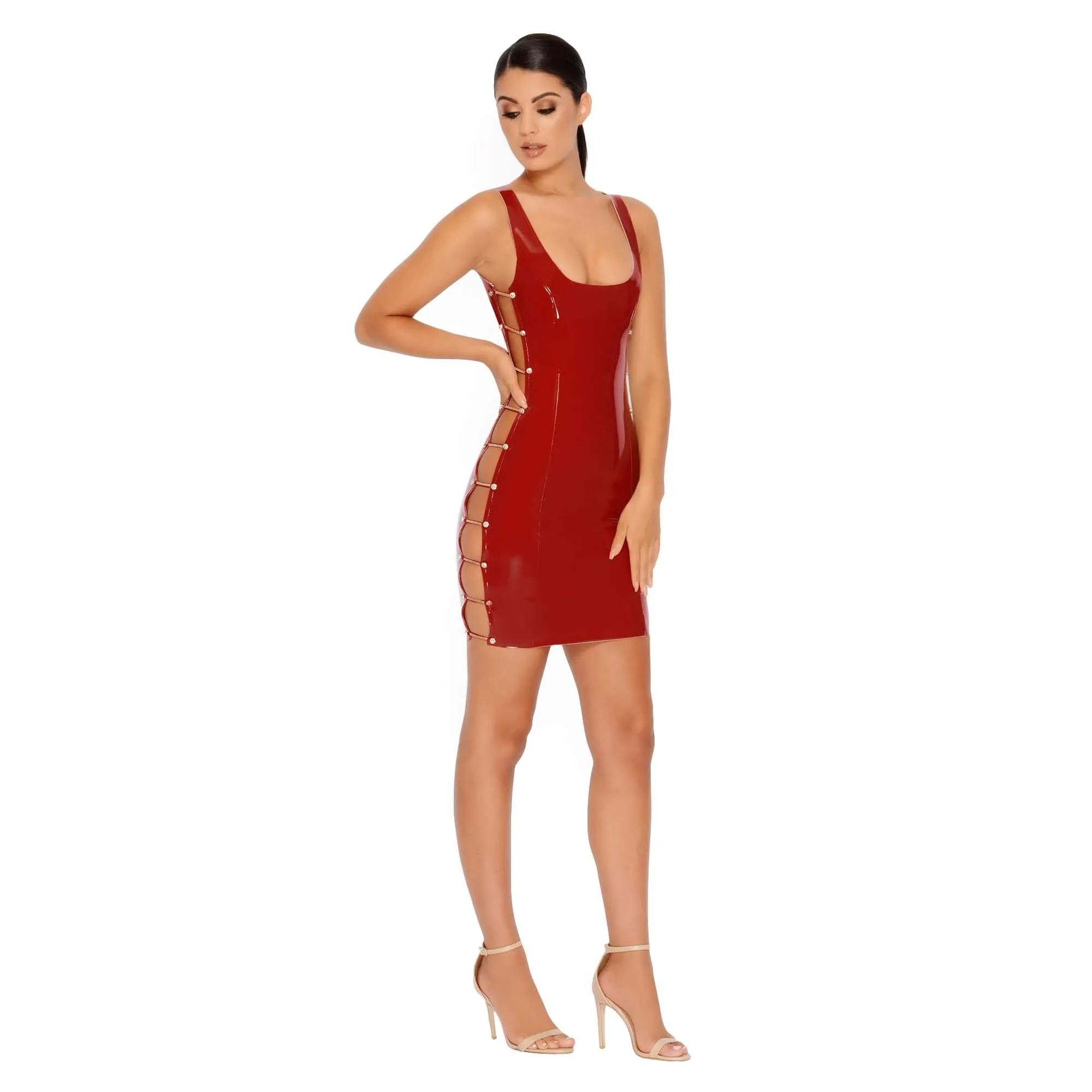 Chain Me Down Cut Out Vinyl Mini Dress in Red