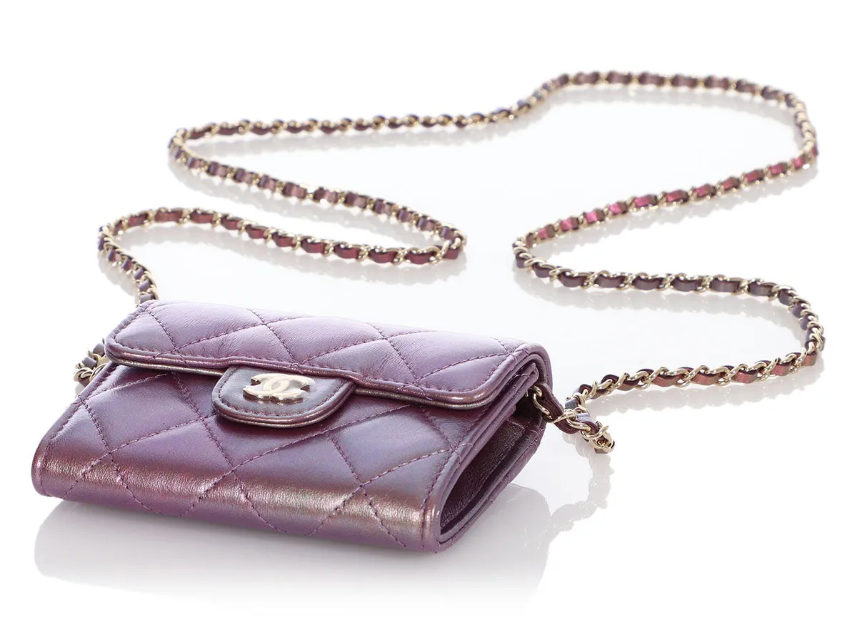 Chanel Iridescent Purple Quilted Calfskin Mini Card Holder on Chain