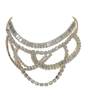 Crystal Draped Rhinestone Layered Statement Necklace - Gold Plated