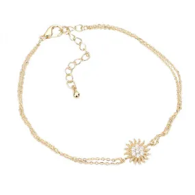 CZ Brass Metal Sun Charm Accented Double Layered Bracelet