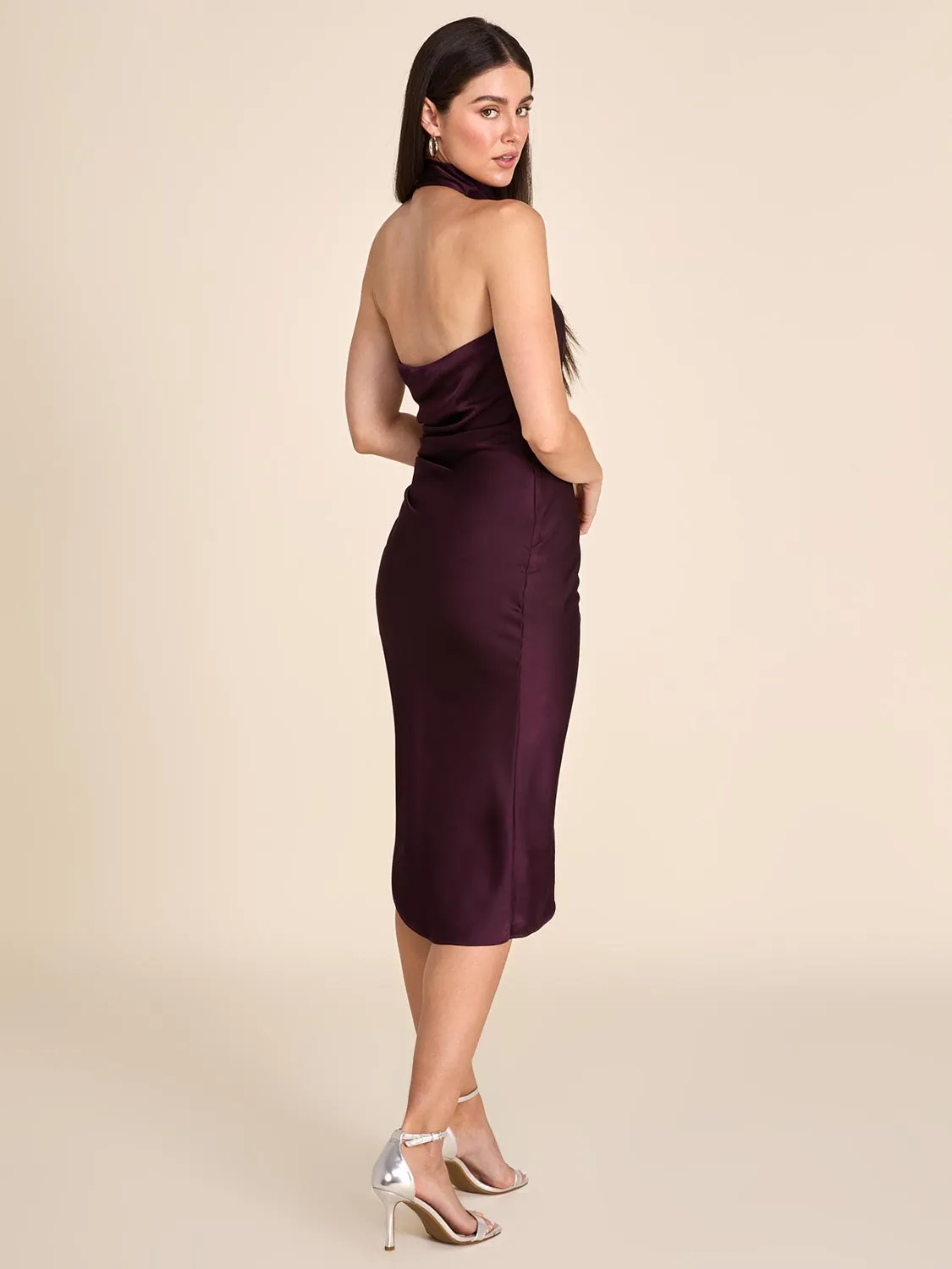 Draped Halter Neck Satin Midi Dress