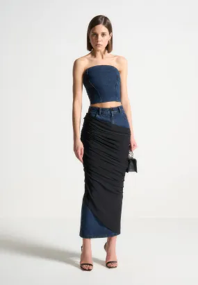 Draped Mesh Denim Maxi Skirt - Indigo