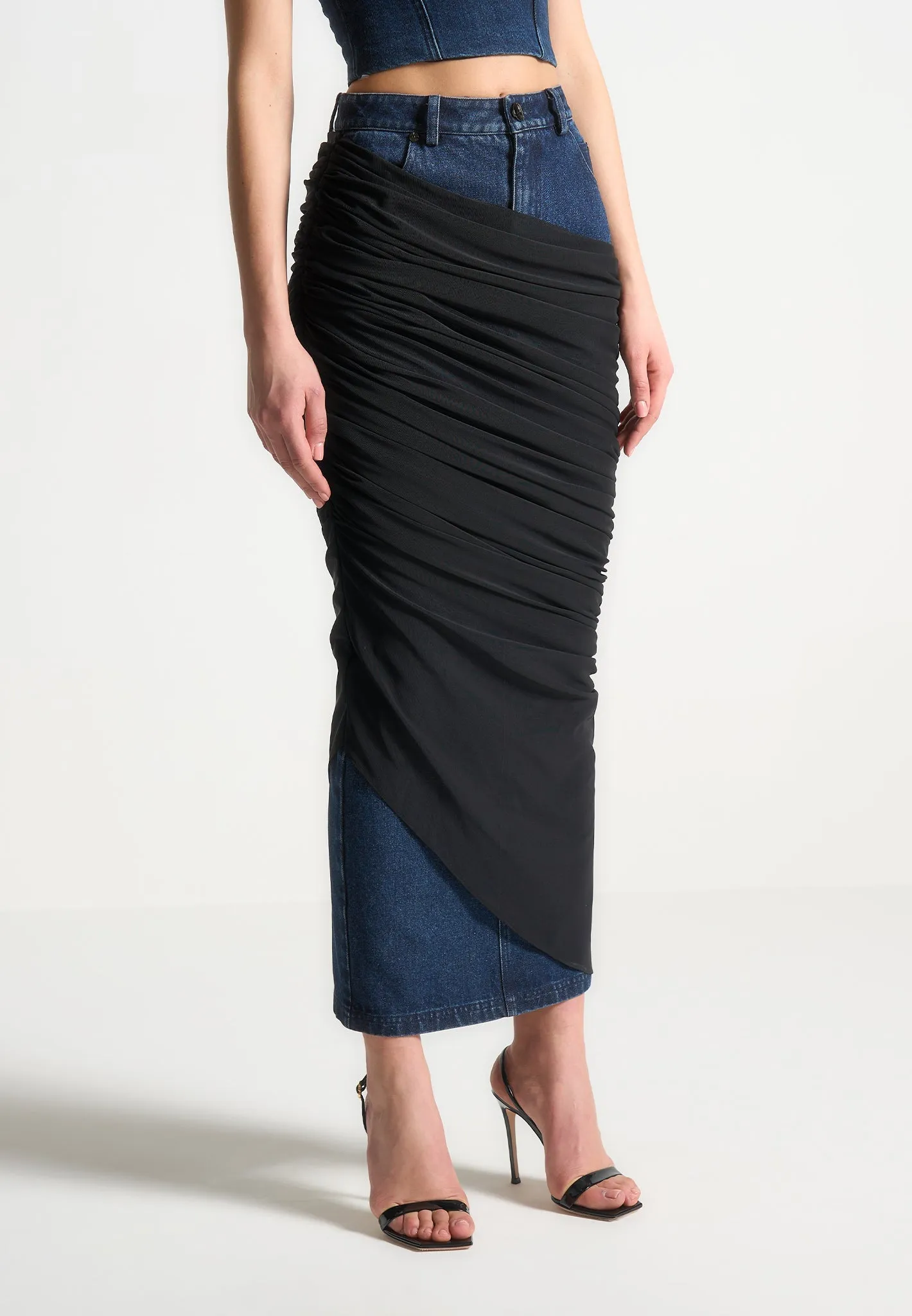 Draped Mesh Denim Maxi Skirt - Indigo