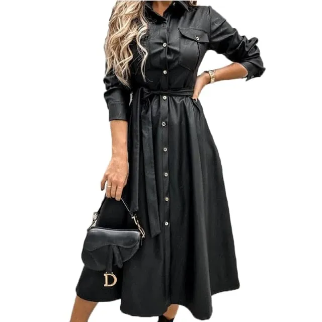 DressBetty - Women Office Lady PU A line Solid Turn Down Collar Single Breasted Sashes Black New Autumn Casual Party Chic Long Dress