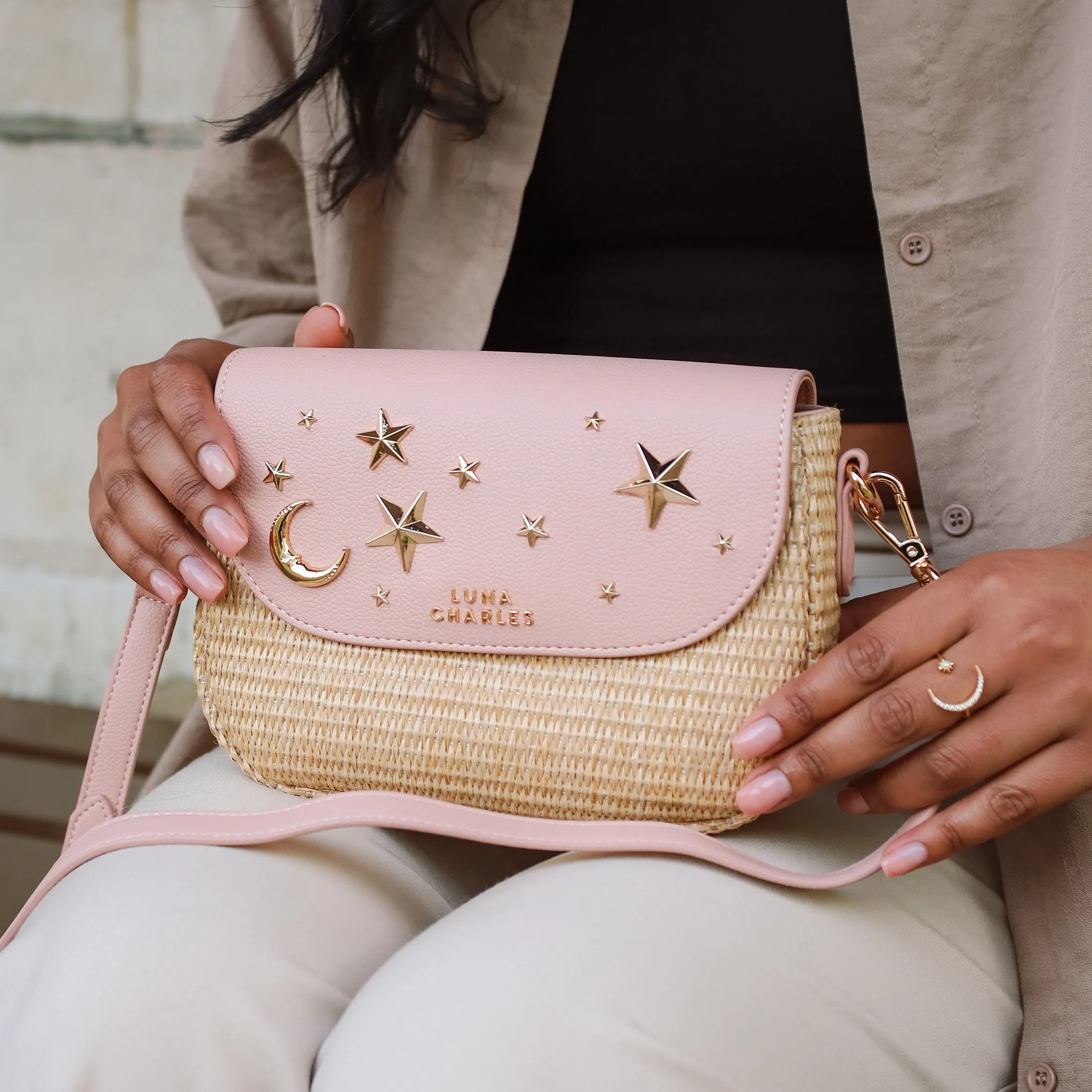 Elena Star Studded Rattan Handbag - Pink & Gold