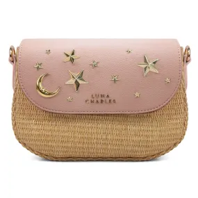 Elena Star Studded Rattan Handbag - Pink & Gold